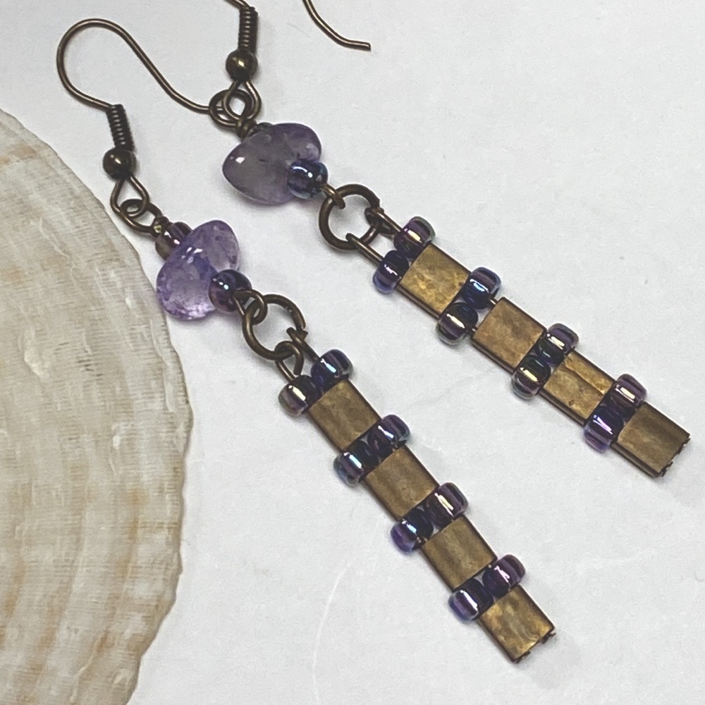NEW Genuine amethyst & bronze tila bead earrings purple rainbow glass beads long
